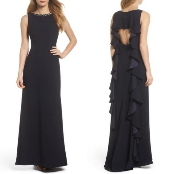 VINCE CAMUTO FRILLY CUTOUT BACK CREPE GOWN… - Picture 1 of 5